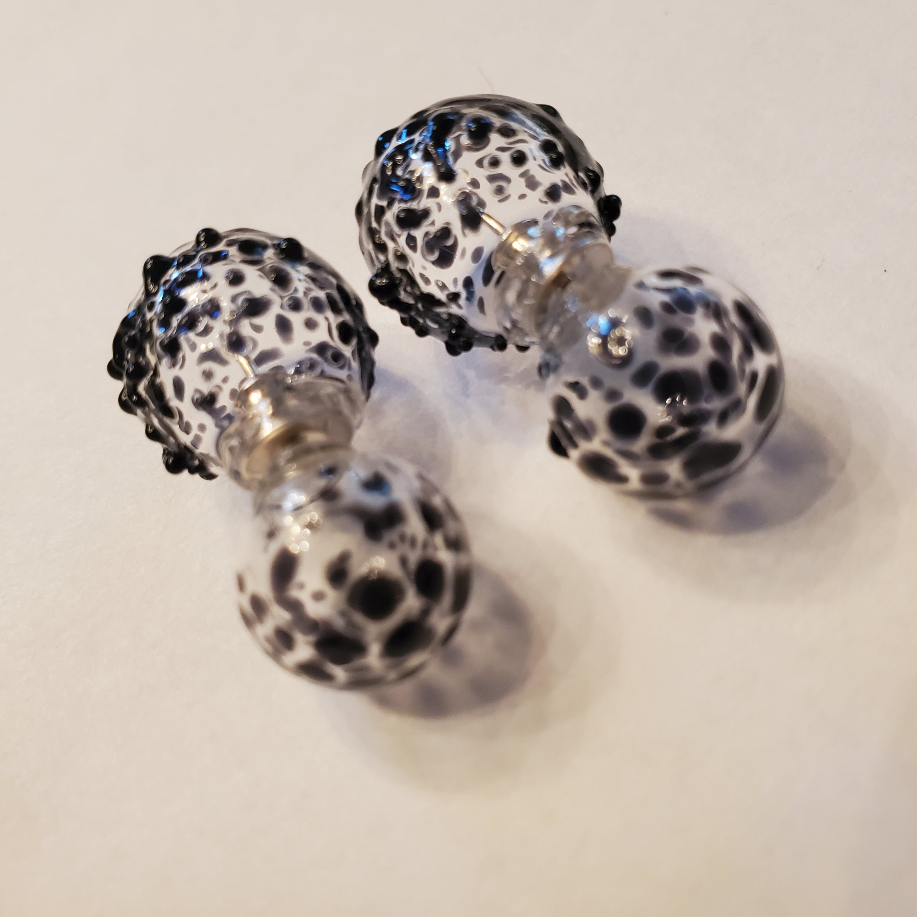 black speckled glass double sided earrings