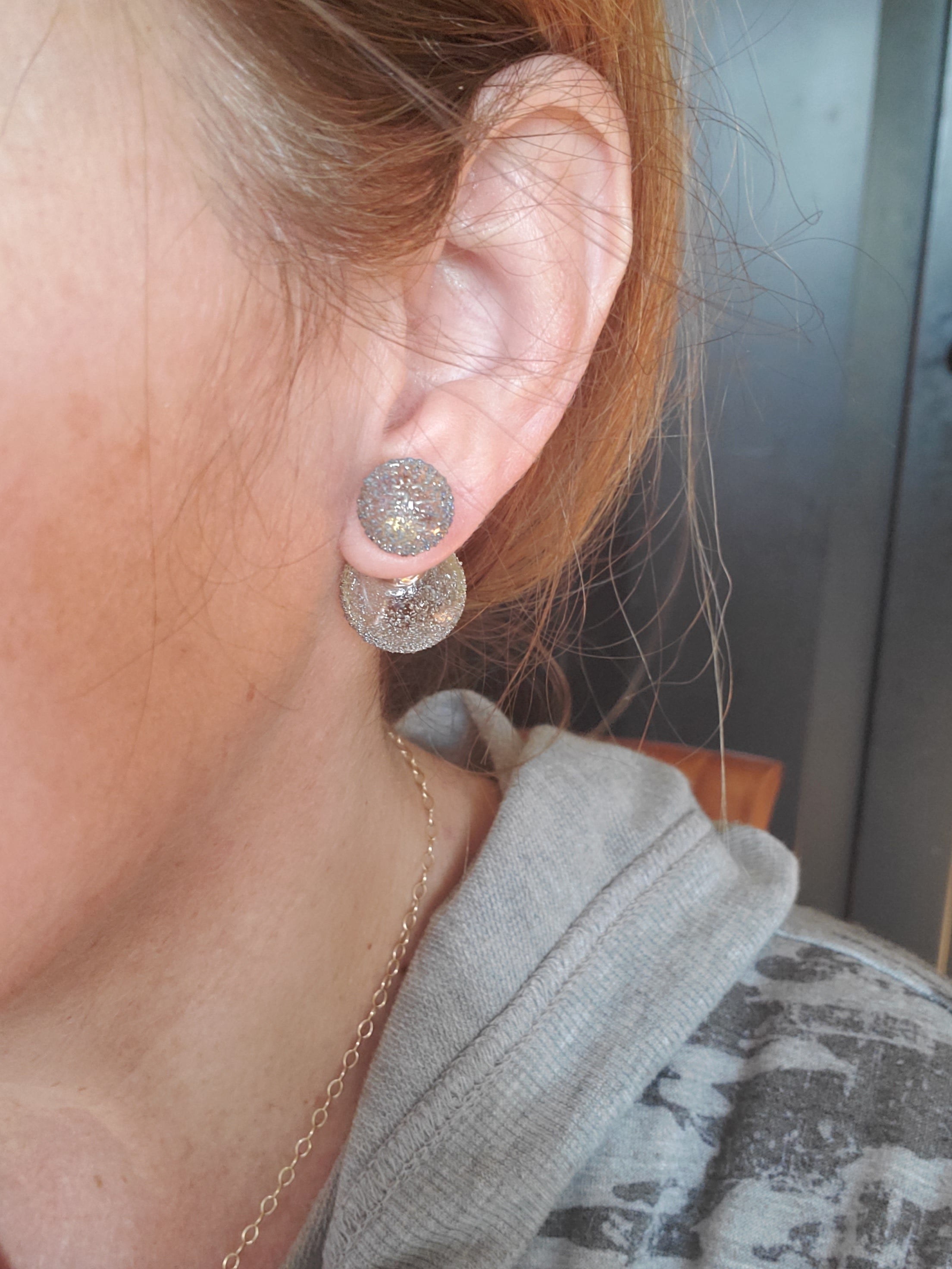 Steel blue metallic -double sided glass bubble stud earrings