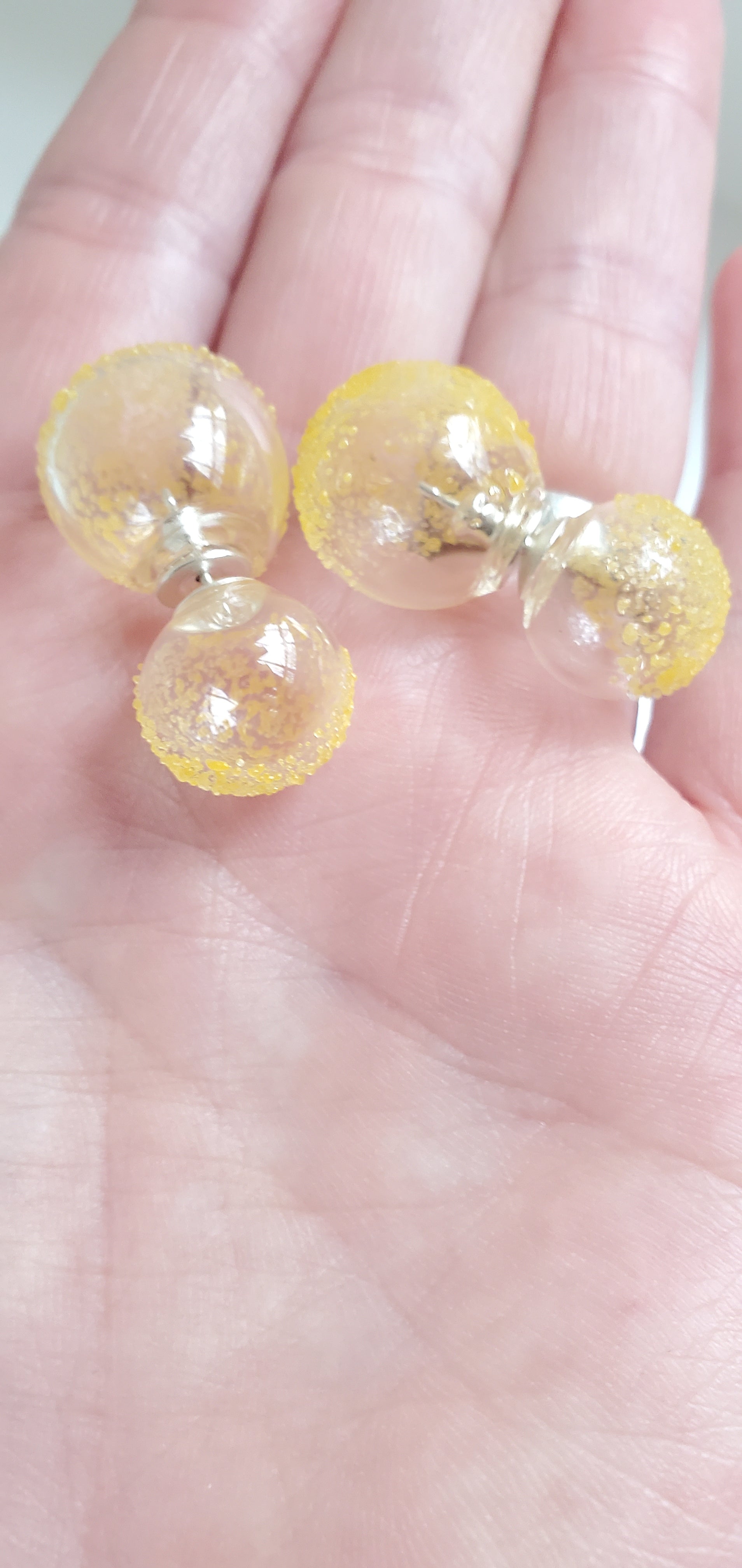 yellow dusted double sided glass bubble earrings