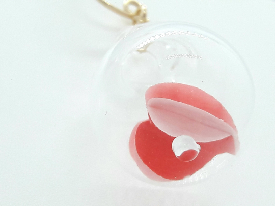 Valentines blown pyrex clear glass bubble earrings-red heart origami 3d paper.