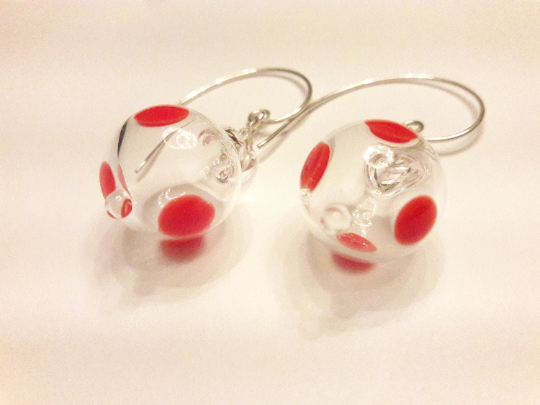 Glass Bubble Statement Earrings - hand blown Pyrex -Orange polka dot earrings