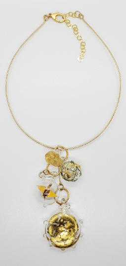 Blown pyrex glass bubble necklace- Golden crane Confection