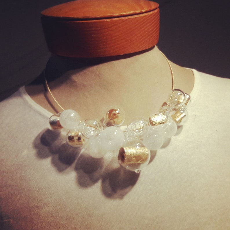 Blown glass Metal Foil Necklace -white clear gold, on gold wire