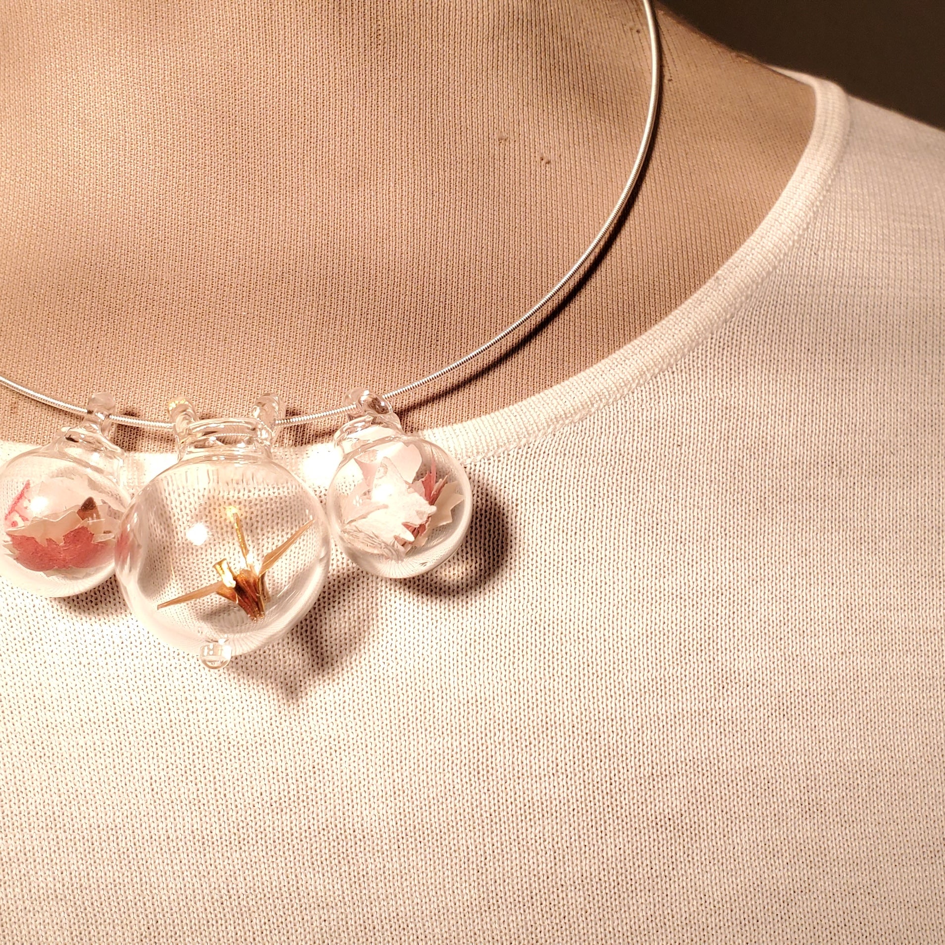 Paper Crane glass bubble necklace trio